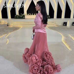 Smileven Pink A-line 3D Flower Applique Prom Dresses Long Sleeves Party Evening Dress Sadui Arabia Ball Gown Customized 2025
