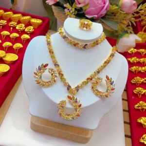Dubai’s New 24K Gold Plated Necklace, Earrings, Rings, Bracelets, Wedding Party Jewelry Set Gift for Women YY10527
