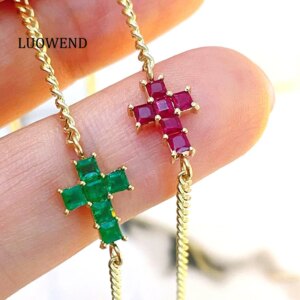 LUOWEND 100% 18K Yellow Bracelet Elegant Cross Shape Natural Ruby/Emerald Bracelet for Women Birthday Gift High Gemstone Jewelry