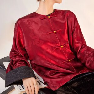 National style satin jacquard solid color coat female new Chinese temperament acetic acid disc blouse