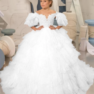 Pink Princess Dress Puffy Sleeves Flower Girl Dresses for Wedding Robe A-Line First Communion Dress Custom Pageant Party Gowns