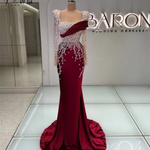 Luxury Burgundy Pearls Beaded Mermaid Wedding Event Dress Customized Elegant Dubai Women Formal Evening Gowns Vestidos de Gala