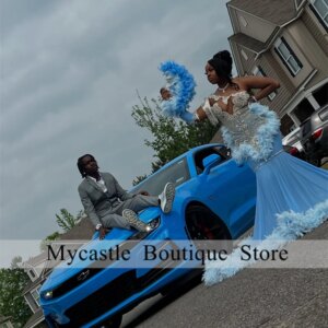 Sky Blue One Shoulder Long Prom Dress For Black Girls 2025 Beaded Crystal Birthday Dress Feathers Evening Gowns Customized
