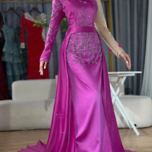 Customized Exquisite Satin Crystal Evening Dresses Temperament Long Sleeves Celebrity Gowns Custom Size Vestido De Noc