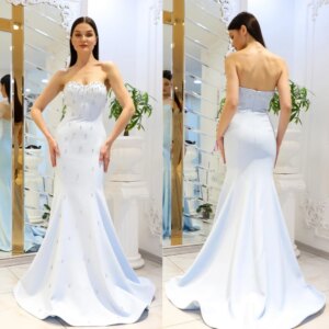Customized Simple Modern Style Formal Evening Strapless Trumpet / Mermaid Beading Satin Dresses