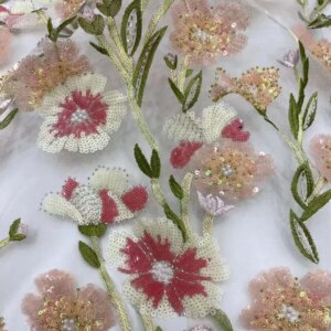 2024 Nigerian Flower Handmade Beaded Tulle 5 Yard Lace Fabric African Luxury Sequins Pearls Mesh Fabric For Bridal Prom Dress St