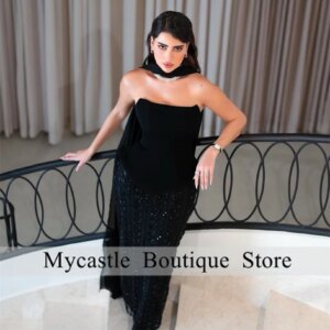 Saudi Arabia Customized Black Strapless Beaded Prom Dresses Detachable Shawl Sequins Party Dress Ankle-Length Evening Dresses