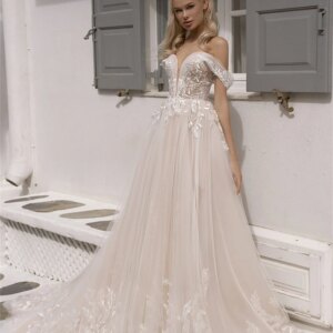 Classic A-line Appliquéd Bridal Dress 2024 Simple Appliquéd Wedding Dress CustomizedOff-the-Shoulder Floor-length Dress Vestidos