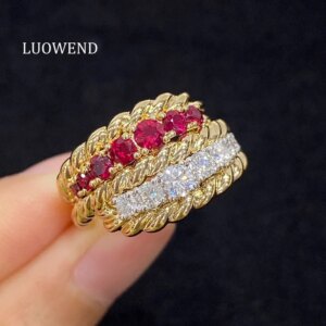 LUOWEND 100% 18K White+Yellow Gold Rings Luxury Diamond Jewelry Shiny Style Natural Ruby Gemstone Ring for Women Senior Banquet