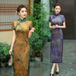 Flower Grosgrain Long Short Sleeve Robe Qi Pao     Retro National Style Middle-Aged Elderly Women Cheongsam Dress