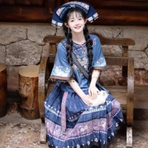 Women’s Han Chinese Clothing Blue Dyed Ballad Miao’ S Exotic Style Embroidered Placket Large Sleeve Top Skirt Ethnic Suit Spring