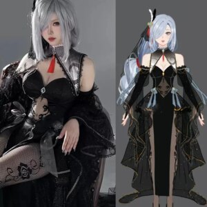 Cos Genshin Impact Game Shenhe Cosplay Flower Wedding Sexy Black Wedding Dress