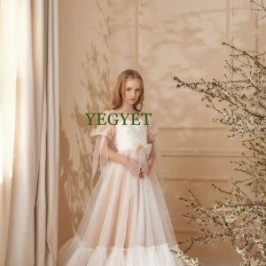 CustomizedElegant Short Sleeve Flower Girl Dress: Delicate Tulle Skirt & Lace Applique | First Communion, Wedding, Princess Birt
