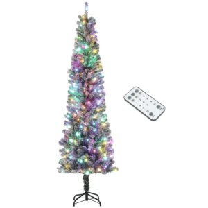 HOMCOM 7.5 ft PreLit Pencil Christmas Tree Artificial Christmas Tree with 220 Dual Color LED Lights and 519 Branch Tips Flocked