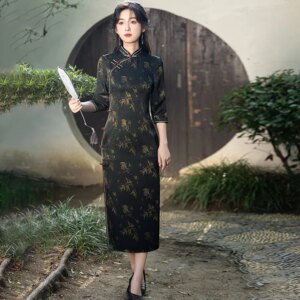 Autumn New Retro Chinese Republican Style Imitation Acetic Acid Double-Layer Long Printed Side Eight Improved Artistic Cheongsam