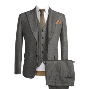 Mens 3 Piece Suit Tweed Herringbone Wedding Groom Tuxedo Tailor-Made Slim Fit Formal Occasions Wear Customized Jacket Vest Pants