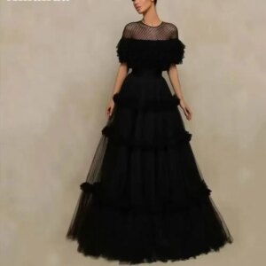 Customized Made Black Evening Dress Wave Point Prom Formal Evening Dress Sexy O-neck Party Dress Tulle A-line