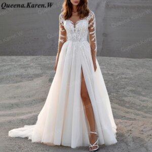 Elegant princess Wedding Dress long sleeve V neck lace applique bride dress robe de mariee A line Wedding Bridal Gown