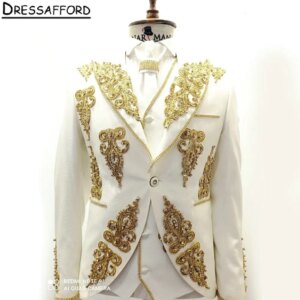 White Men Suits Two Pieces Gold Appliques Beading Evening Party Blazer Groom Wear ( Jacket + Pants )