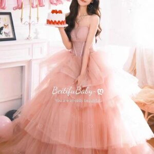 BeitifuBaby Strapless Women’s Birthday Party Dress Sleeveless Princess Style A-line Cake Skirt Banquet Evening Dresses for Women
