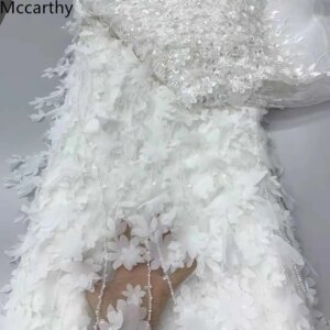 Luxury African Sequins Lace Fabric Nigerian Embroidered 3D Flower Tulle Lace Fabric With Sequin 5 Yards For Wedding Dress Sewing