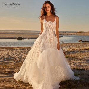 Spaghetti A Line Lace Wedding Dress ,Dreamy Tulle And Lace Skirts ,Boho Bridal Gowns DW1015