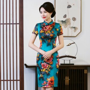Spring and Summer New High Quality Real Silk Printed Short Sleeve Retro Improved Cheongsam Qipao Women’s Dress
