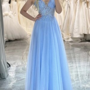 Glitter Long Sky Blue Evening Dresses V Neck Tulle Sleeveless Backless Lace Up A Line Floor Length فساتين سهرات