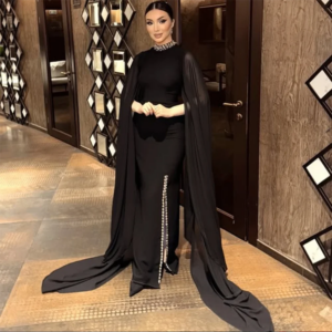 Customized Straight Prom Dresses Floor-Length High-Neck Full Sleeve Stole Evening Gown Fashion Crystal Side-Split Patry Gown