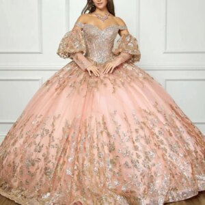Pink Shiny Quinceanera Dresses Ball Gown Gold Sequin Lace Applique Beads Crystal Tull Tiered Puffly Sleeve Sweet 16 Vestidos De