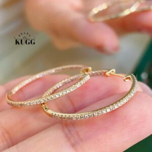 KUGG 100% 18K White/Yellow Gold Earrings 24mm Fashion INS Style 0.36carat Real Natural Diamond Hoop Earrings Women Fine Jewelry