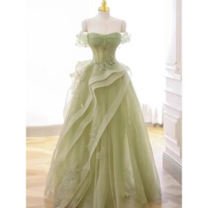 SOILFOIL Green Prom Dress Appliques Tulle Celebrity Dresses Tiered Pleat Women’s Evening Dress Sweetheart Formal Gown