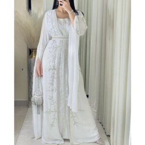 New White Jacket Moroccan Kaftan Silver Beaded Work Bridesmaid Dress