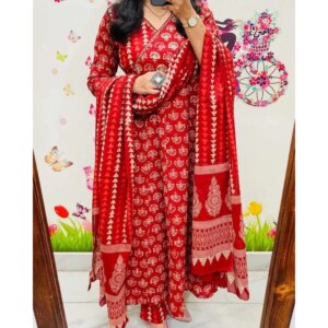 Red Color Anarkali Kurti Pant with Dupatta Set Women Salwar Kameez Suit Kurta’s
