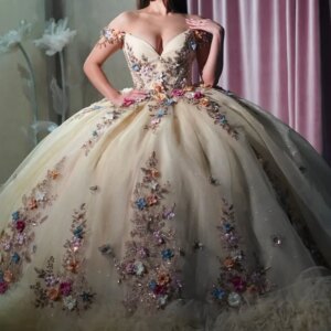Customized Shiny champagne color Off Shoulder Quinceanera Dress sequin applique crystal 3D flower vestidos de 15 Quinceanera
