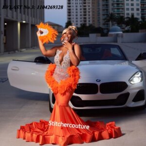 EVLAST Customized Elegant Orange Feather Mermaid Prom Dress Black Girls Rhinestone Crystal Beaded Wedding Party Gala Gown E3P306