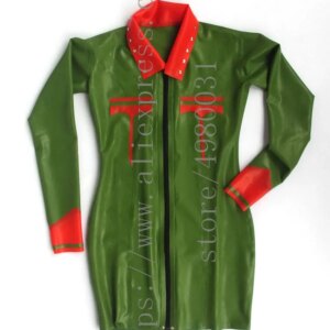 Made of 0.4mm thickness natural long sleeve women’s latex dress with front zipper decorations