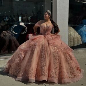 Pink Shiny Quinceanera Dress Sweetheart Sequin Applique Lace Beads Crystal Tull Ball Gown Vestidos De 15 Años XV Brithday Sweet