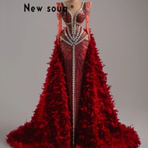 2025 Luxury Feathers Mermaid Prom Dresses V Neck Full Crystals Arabic Evening Gowns Customized Long Sleeve Celebrity Party Dress