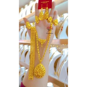 New Dubai 24K Gold Plated Popodion Bridal Wedding Necklace Wedding Bracelet Ring Women’s Earrings Jewelry Set Eight Piece Set