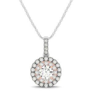 Round Shape Halo Diamond Pendant in 14k White and Rose Gold 1 2 cttw