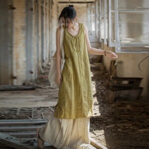 Summer Thin Ramie Cotton Handmade Tie-Dyed and Linen Women’s Clothing Chinese Style Improved Dress