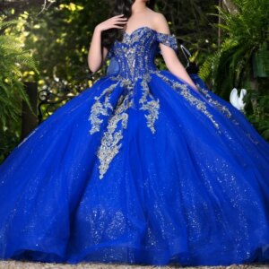 Royal Blue Quinceanera Dresses Off Shoulder Ball Gown Sweet 16 Dress Applique Lace Beading Crystal Bow Tull Birthday Party Vesti