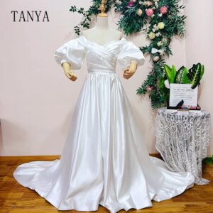 Customized Off The Shoulder Satin Wedding Dress With Puffy Short Sleeves Sweep Train A Line Bridal Gown Hochzeitskleid 241312045