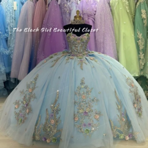Sky Blue Luxury Princess Tutu Applique Embroidery Sparkling Rhinestone Strappy Bow Party Dress 2024 Black Girl Quinceanera Dress