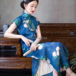 2025 imitation silk dainty luxury qipao classical printing traditional temperament chinese qipao elegant lady daily dress h005