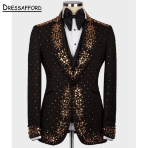 Black Men’s Suits Fashion 2 Pieces Sets Gold Diamonds Crystal Groom Prom Blazers Decoration Tuxedos Men