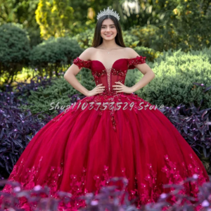 Exquisite Crimson 15 Quinceanera Dress Elegant Card Shoulder 3D Floral Rhinestone Sequins Appliques Tiered Tulle Princess Custom