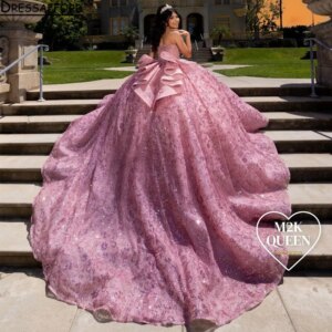 Glitter Pink Quinceanera Dress Ball Gown 3D Floral Applique Beading With Bow Corset Sweet 16 Vestidos De 15 Anos