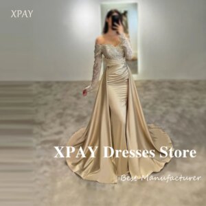 XPAY Modern Champagne Formal Evening Dresses Off Shoulder Long Sleeves Glitter Dubai Prom Gowns Formal Occasion Party Customized
